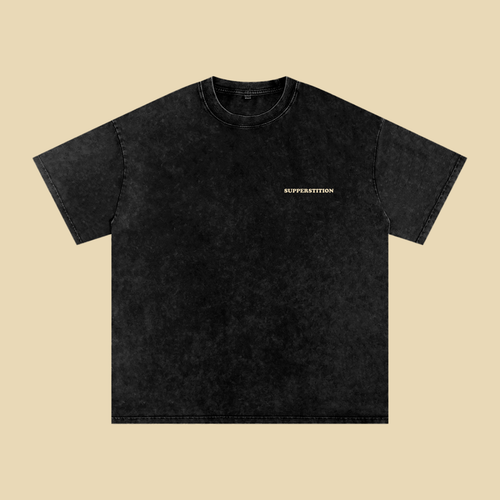 Front of the washed black Respectfully, That's My Slice tee, with a small Supperstition wordmark on the left chest.